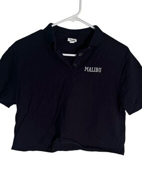 Garage Navy Blue Polo Crop Top with White Malibu Embroidery